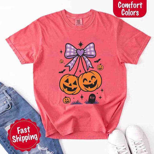 May include Halloween cherries graphic with two jack-o’-lantern pumpkins tied by a purple plaid bow, surrounded by bats, stars, and gravestone – cute spooky shirt design.