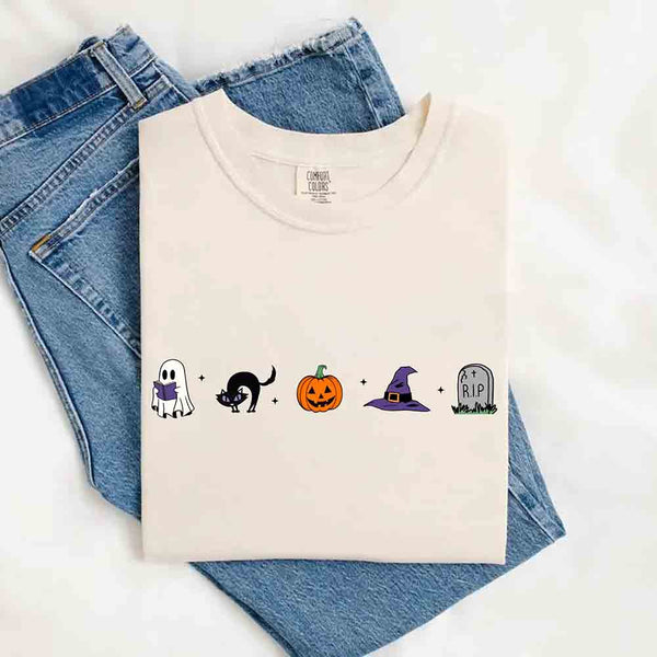 May include cute Halloween icons with ghost reading a book, black cat, jack-o’-lantern pumpkin, purple witch hat, and RIP gravestone.