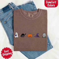 May include cute Halloween icons with ghost reading a book, black cat, jack-o’-lantern pumpkin, purple witch hat, and RIP gravestone.