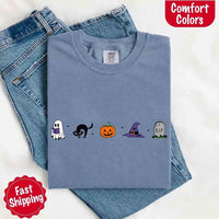 May include cute Halloween icons with ghost reading a book, black cat, jack-o’-lantern pumpkin, purple witch hat, and RIP gravestone.