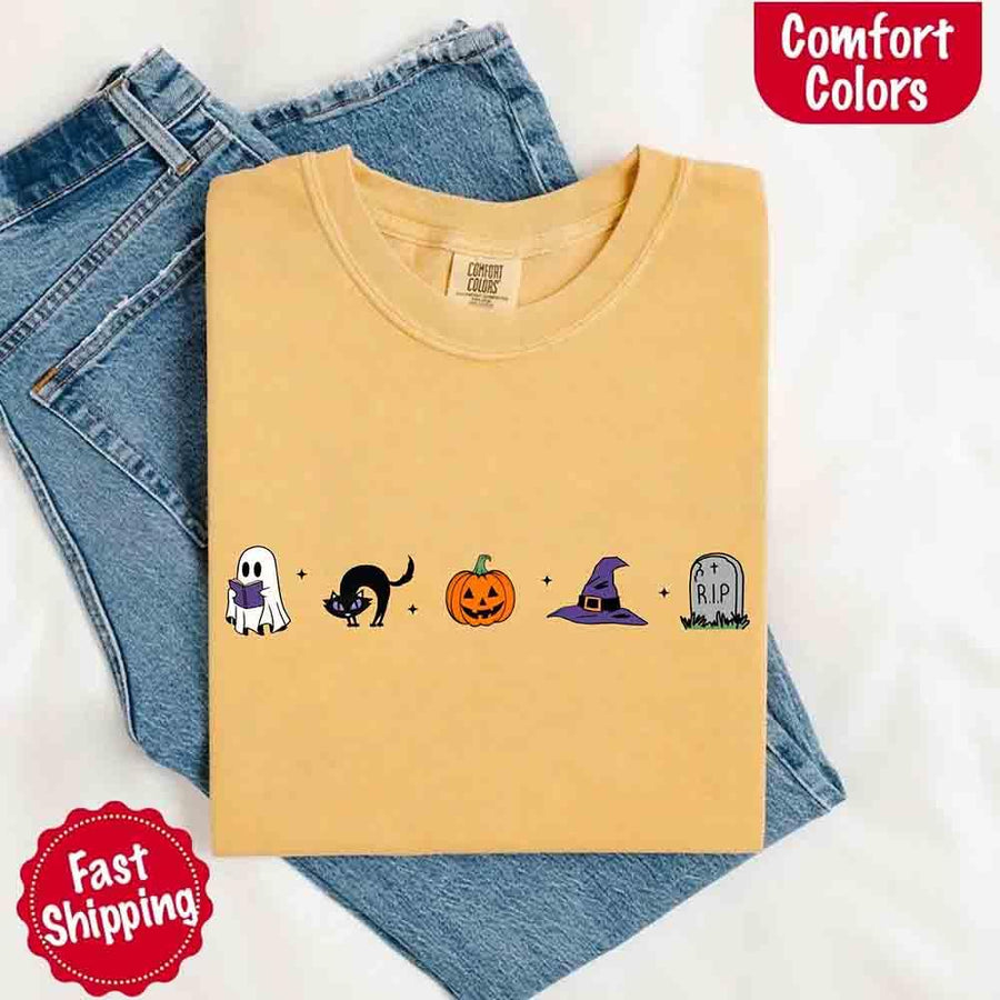 May include cute Halloween icons with ghost reading a book, black cat, jack-o’-lantern pumpkin, purple witch hat, and RIP gravestone.