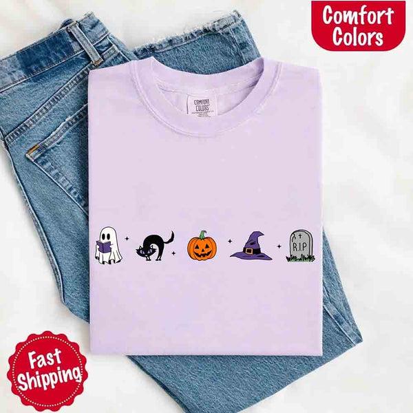 May include cute Halloween icons with ghost reading a book, black cat, jack-o’-lantern pumpkin, purple witch hat, and RIP gravestone.