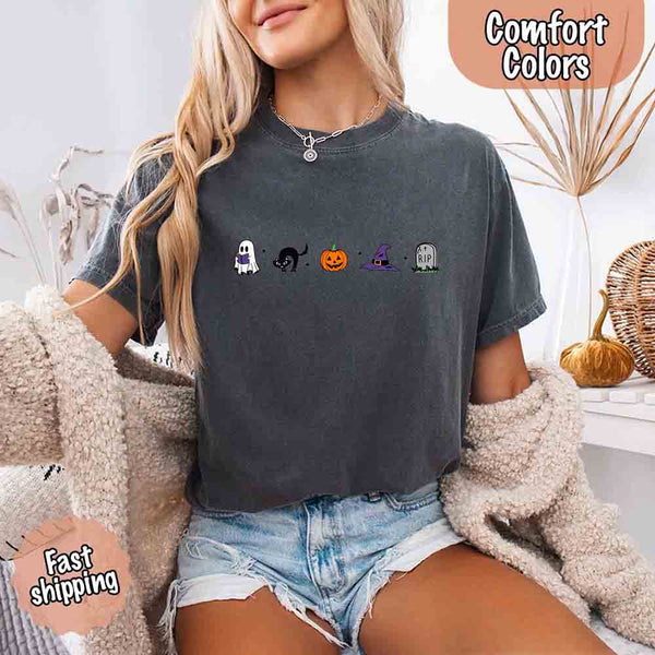 May include cute Halloween icons with ghost reading a book, black cat, jack-o’-lantern pumpkin, purple witch hat, and RIP gravestone.