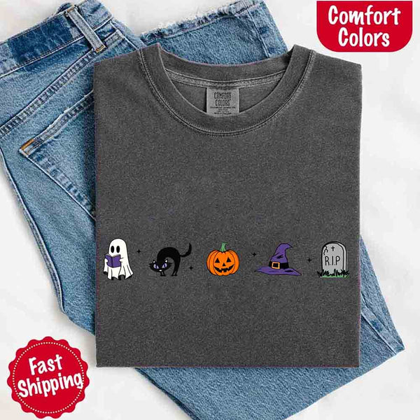May include cute Halloween icons with ghost reading a book, black cat, jack-o’-lantern pumpkin, purple witch hat, and RIP gravestone.