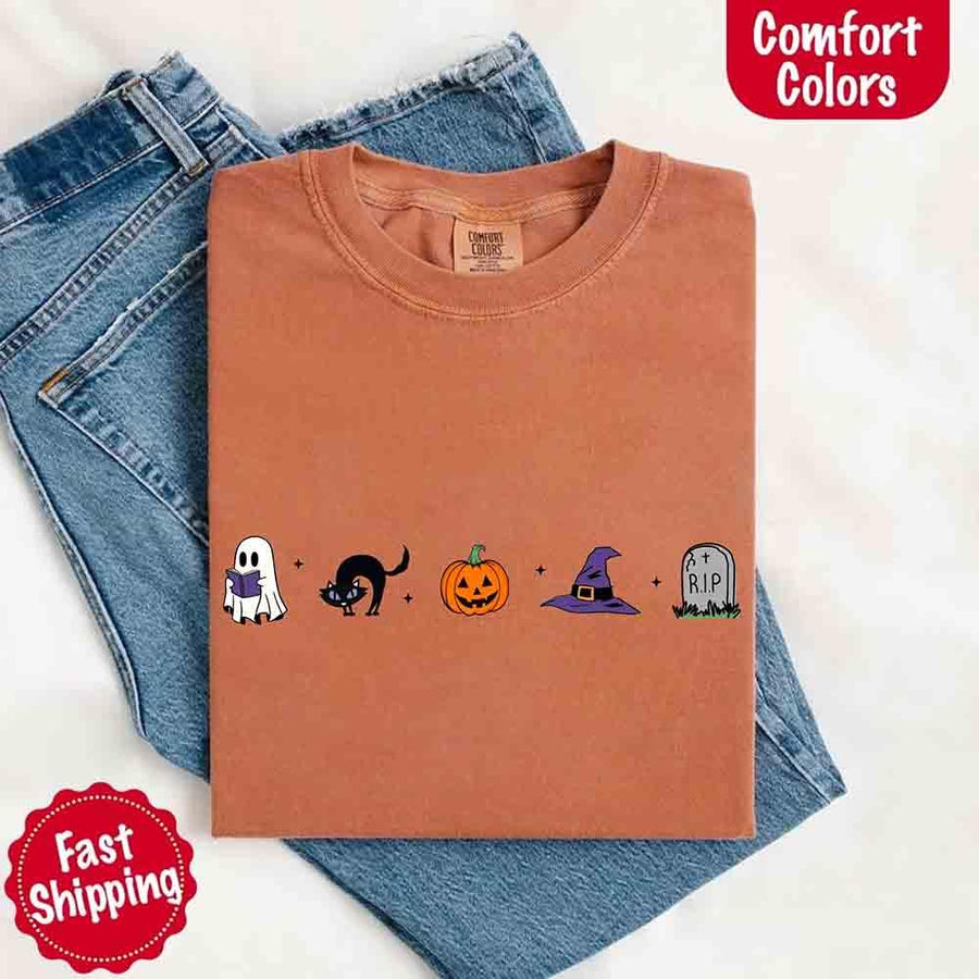 May include cute Halloween icons with ghost reading a book, black cat, jack-o’-lantern pumpkin, purple witch hat, and RIP gravestone.