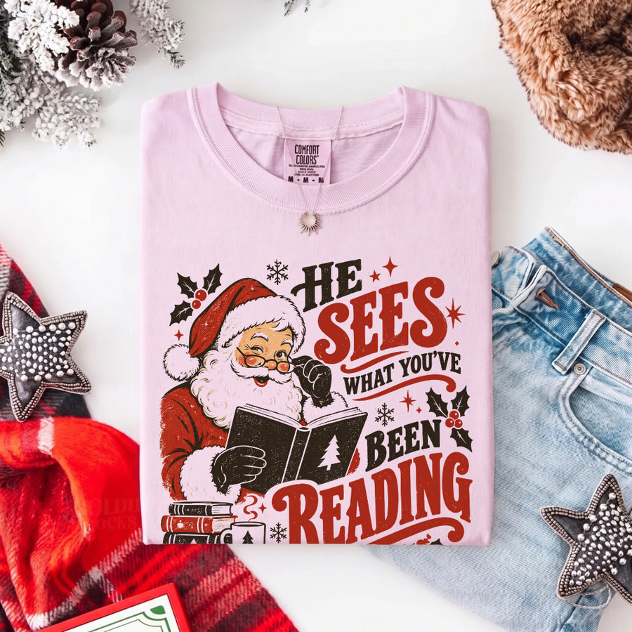 He Sees What You've Been Reading Christmas Comfort Colors T-Shirt