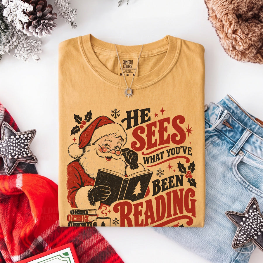 He Sees What You've Been Reading Christmas Comfort Colors T-Shirt