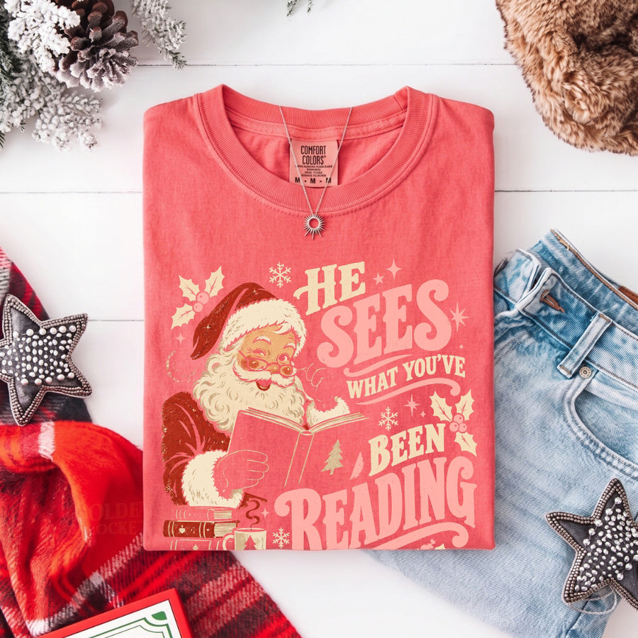 May include a He Sees What You've Been Reading Christmas Comfort Colors T-Shirt featuring a playful holiday and reading-inspired statement design.