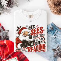 May include a He Sees What You've Been Reading Christmas Comfort Colors T-Shirt featuring a playful holiday and reading-inspired statement design.