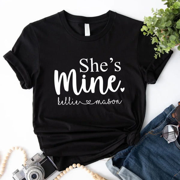 May include matching unisex t-shirts with “He’s Mine” and “She’s Mine” text and personalized names