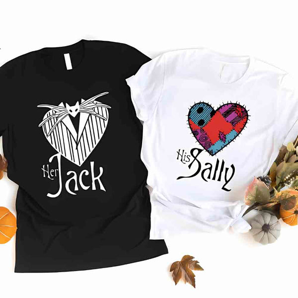 May include matching couple shirts with gothic heart designs, one with text ‘Her Jack’ featuring Jack-inspired design, and the other with text ‘His Sally’ featuring patchwork heart design – spooky couples apparel.
