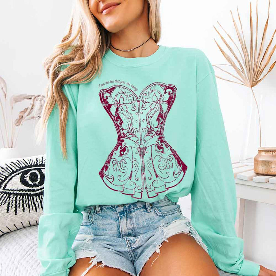 May include I Am The Tea That You Are Having Comfort Colors long sleeve shirt with Regency romance graphic and relaxed fit