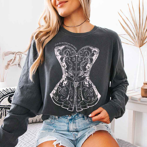 May include I Am The Tea That You Are Having Comfort Colors long sleeve shirt with Regency romance graphic and relaxed fit
