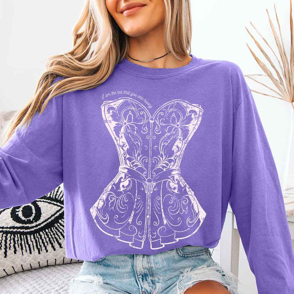 May include I Am The Tea That You Are Having Comfort Colors long sleeve shirt with Regency romance graphic and relaxed fit
