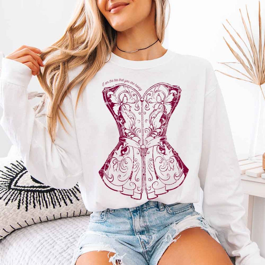May include I Am The Tea That You Are Having Comfort Colors long sleeve shirt with Regency romance graphic and relaxed fit