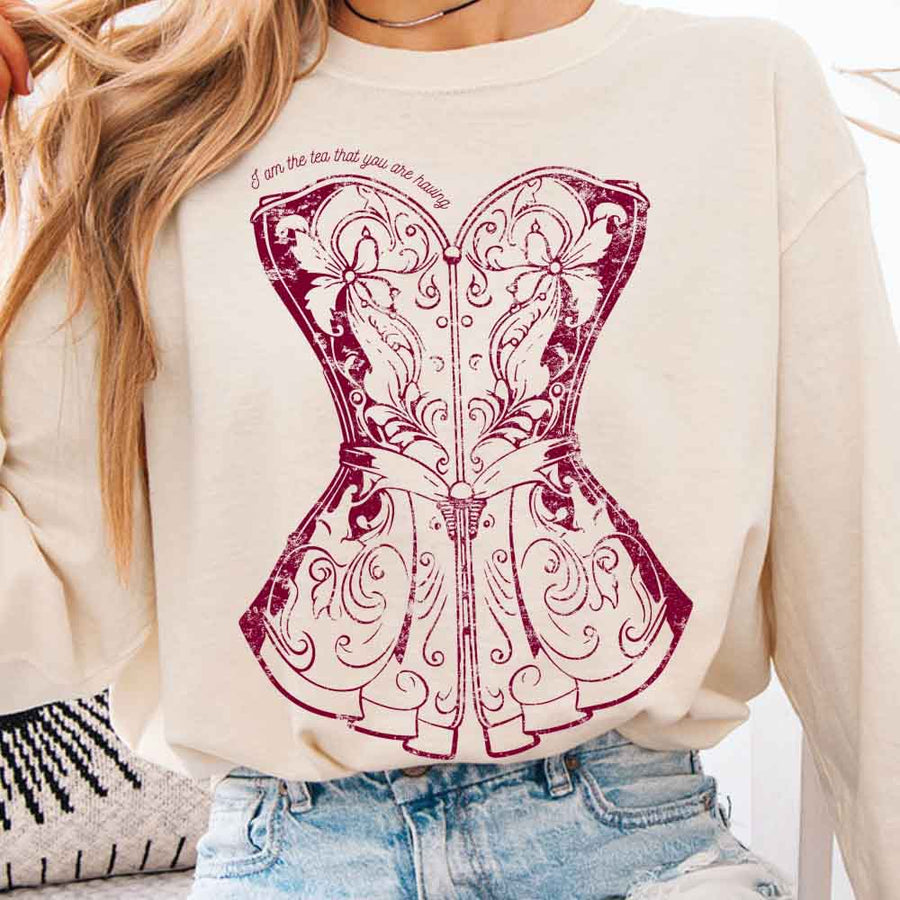 May include I Am The Tea That You Are Having Comfort Colors long sleeve shirt with Regency romance graphic and relaxed fit