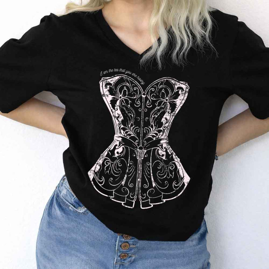 May include I Am the Tea That You Are Having v-neck tee with Regency romance BookTok graphic and relaxed fit