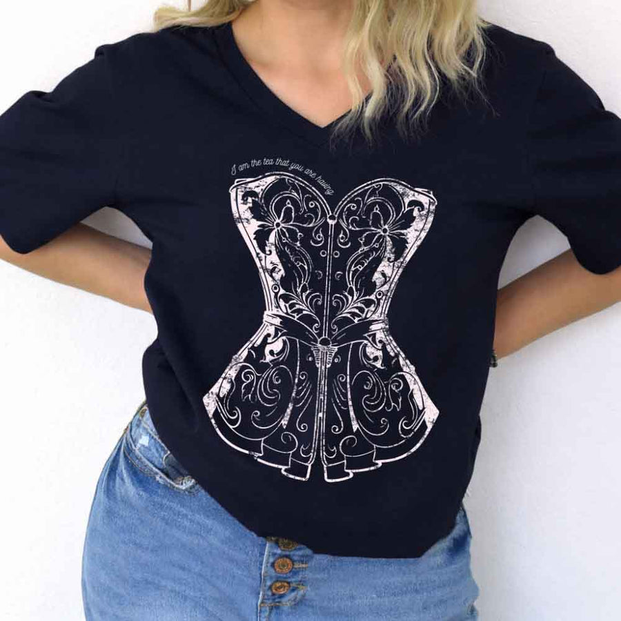 May include I Am the Tea That You Are Having v-neck tee with Regency romance BookTok graphic and relaxed fit