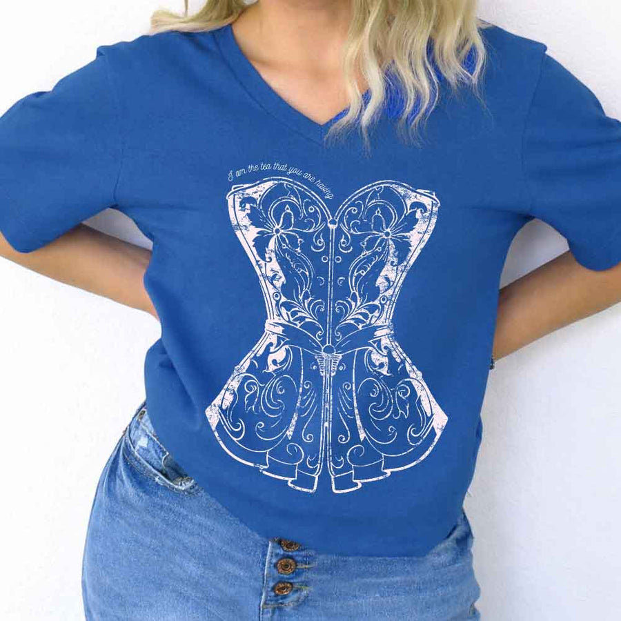 May include I Am the Tea That You Are Having v-neck tee with Regency romance BookTok graphic and relaxed fit