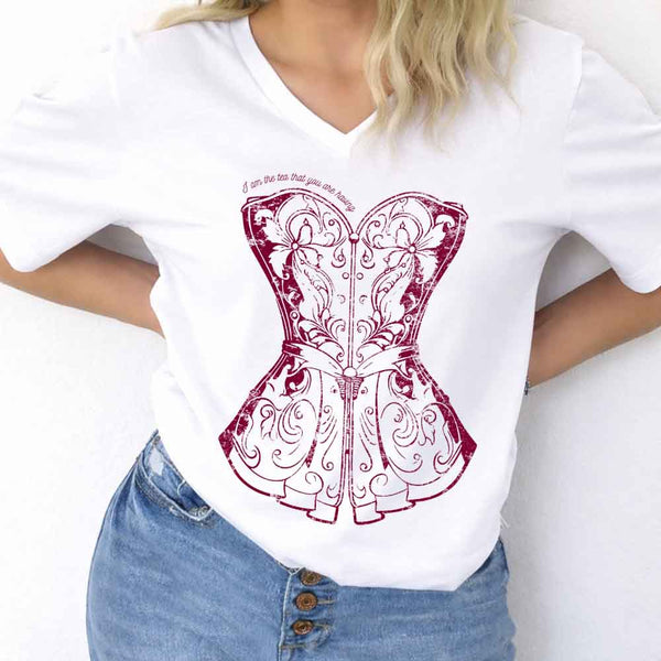 May include I Am the Tea That You Are Having v-neck tee with Regency romance BookTok graphic and relaxed fit