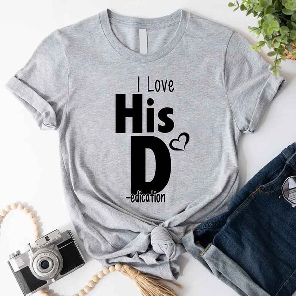 May include a funny matching couples t-shirt set showing “I Love Her P” and “I Love His D” designs printed on soft cotton fabric.