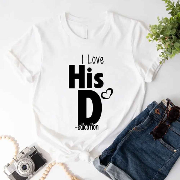 May include a funny matching couples t-shirt set showing “I Love Her P” and “I Love His D” designs printed on soft cotton fabric.