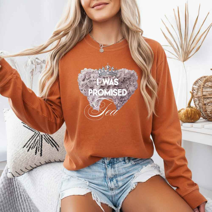 May include I Was Promised Tea Comfort Colors long sleeve shirt with Regency BookTok graphic and relaxed unisex fit