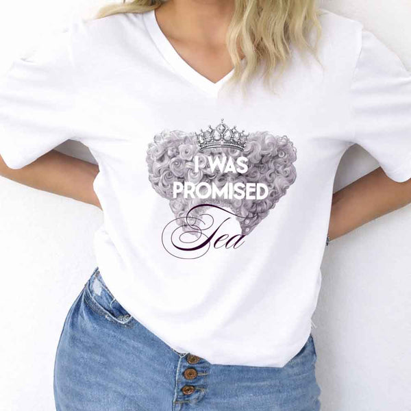 May include I Was Promised Tea v-neck tee with period drama reader graphic and relaxed fit design