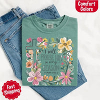 May include bold typography with a floral cross and the phrase “I Will Praise Him in Every Season,” reflecting faith and devotion through every stage of life.