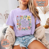 May include bold typography with a floral cross and the phrase “I Will Praise Him in Every Season,” reflecting faith and devotion through every stage of life.