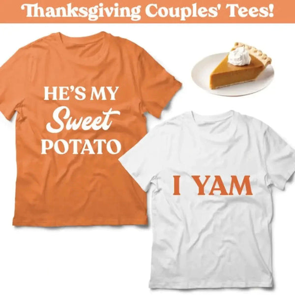 May include an I YAM T-Shirt with a funny Thanksgiving pun design, styled for holiday dinners and festive fall gatherings.