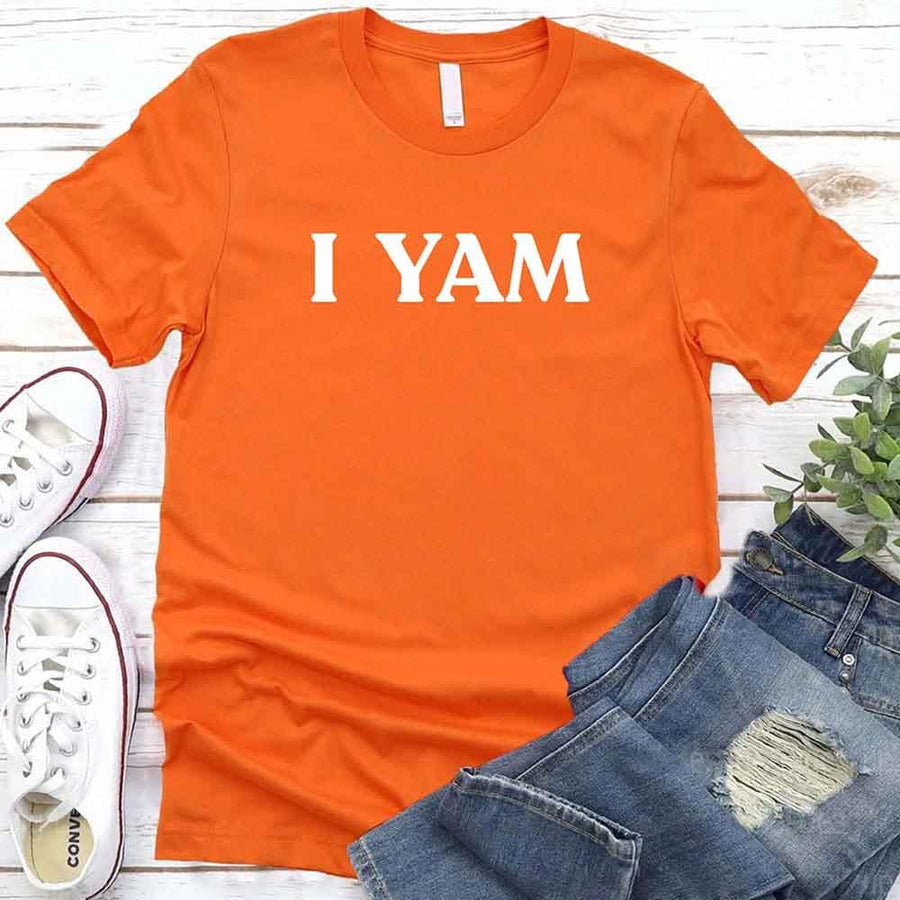 May include an I YAM T-Shirt with a funny Thanksgiving pun design, styled for holiday dinners and festive fall gatherings.