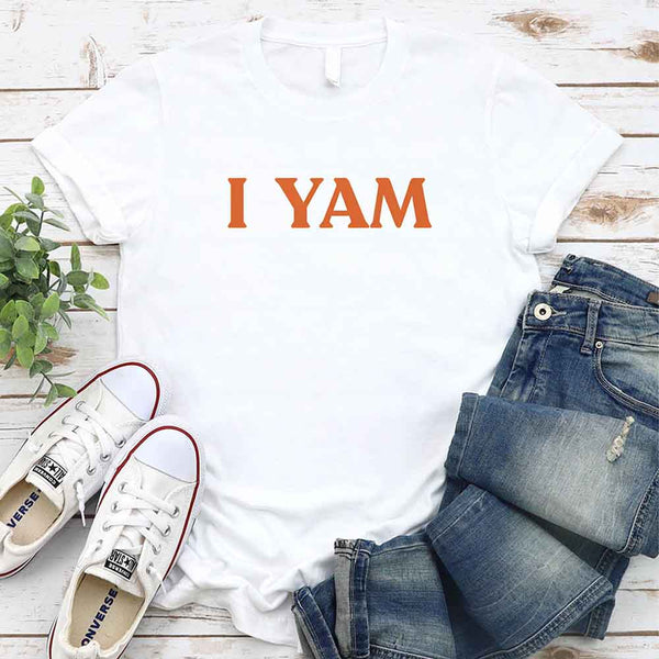 May include an I YAM T-Shirt with a funny Thanksgiving pun design, styled for holiday dinners and festive fall gatherings.