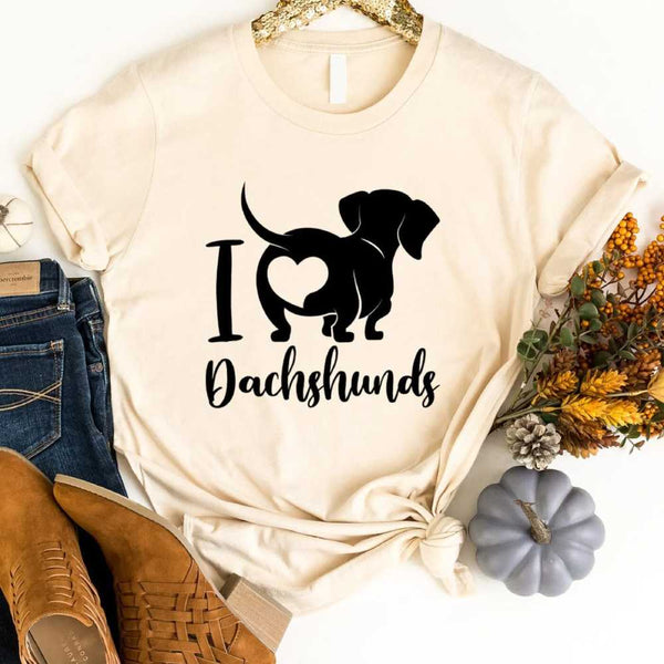 May include a graphic t-shirt with the phrase “I Love Dachshunds” displayed on the front.
