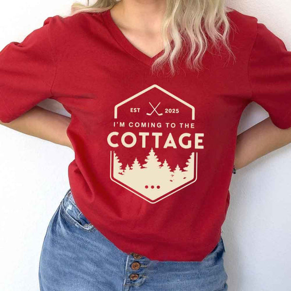 May include I'm Coming to the Cottage v-neck tee with hockey romance BookTok graphic and relaxed unisex fit