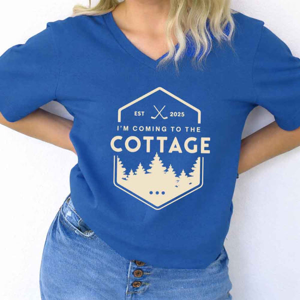 May include I'm Coming to the Cottage v-neck tee with hockey romance BookTok graphic and relaxed unisex fit