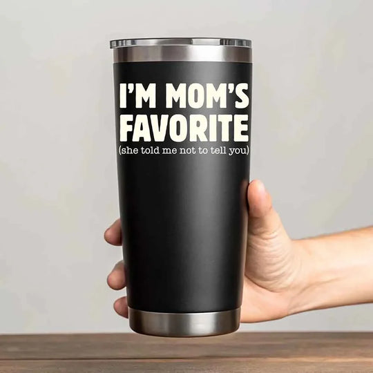 May include an insulated stainless steel tumbler featuring a humorous “I’m Mom’s Favorite” printed message suitable for sons and daughters.