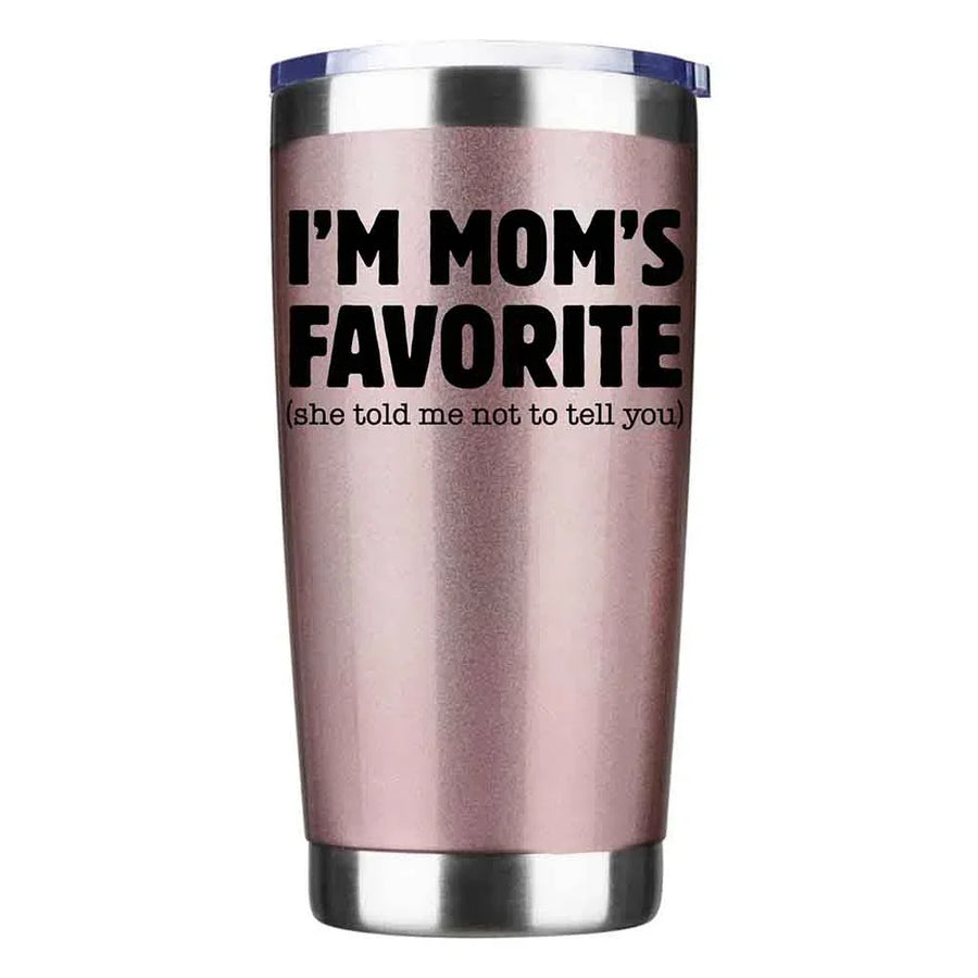 May include an insulated stainless steel tumbler featuring a humorous “I’m Mom’s Favorite” printed message suitable for sons and daughters.