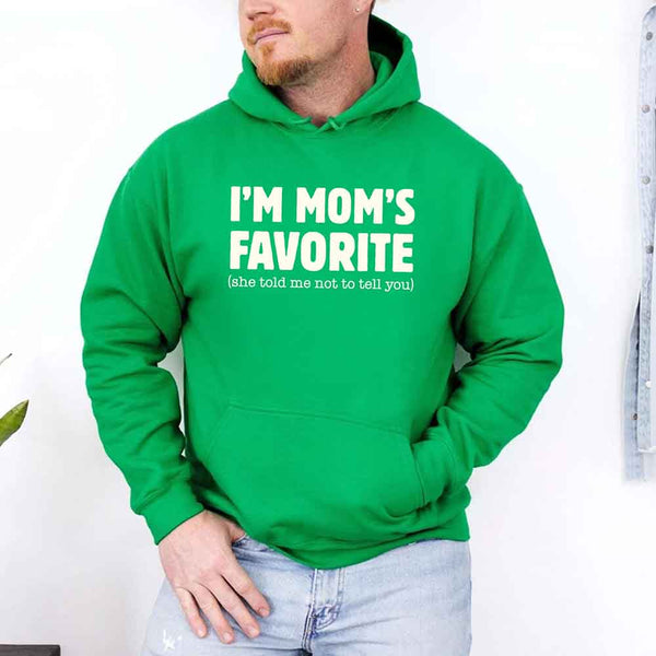 May include a unisex pullover hoodie with the phrase I’m Mom’s Favorite printed clearly on the front.