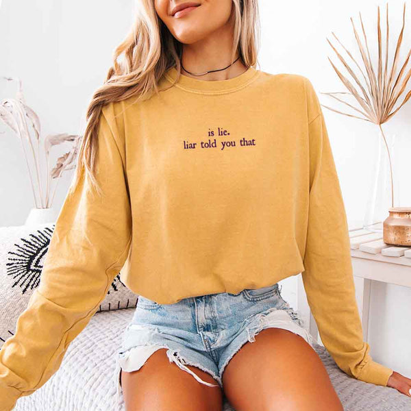 May include Is Lie, Liar Told You That Comfort Colors long sleeve shirt with hockey romance BookTok graphic and relaxed fit