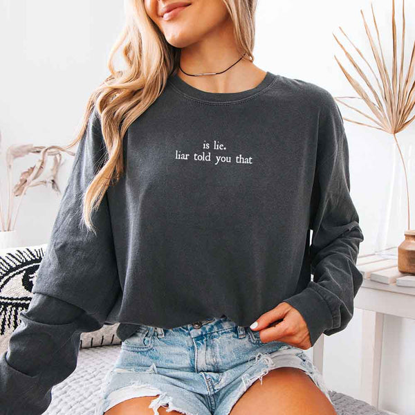 May include Is Lie, Liar Told You That Comfort Colors long sleeve shirt with hockey romance BookTok graphic and relaxed fit