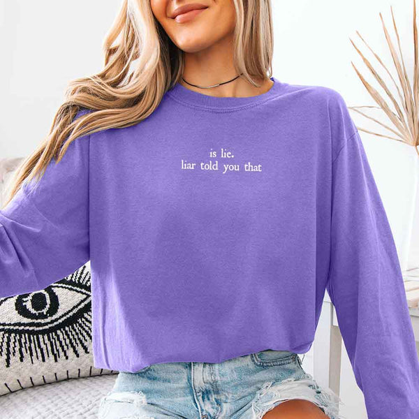 May include Is Lie, Liar Told You That Comfort Colors long sleeve shirt with hockey romance BookTok graphic and relaxed fit