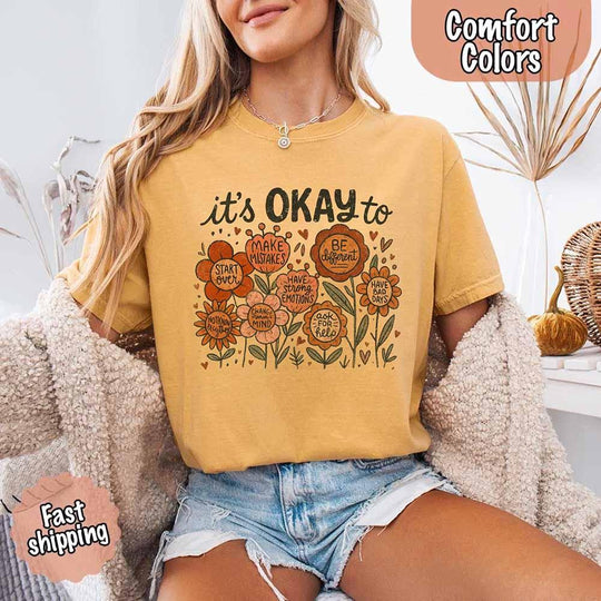 May include a motivational floral illustration with the phrase “It’s okay to” and flowers containing affirmations like “start over,” “make mistakes,” “be different,” “ask for help,” and more—promoting mental health, self-acceptance, and emotional well-being.