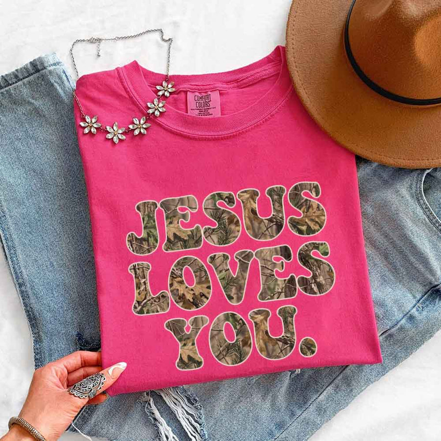Jesus Loves You Camouflage Comfort Colors - Faith Based Graphic Tee