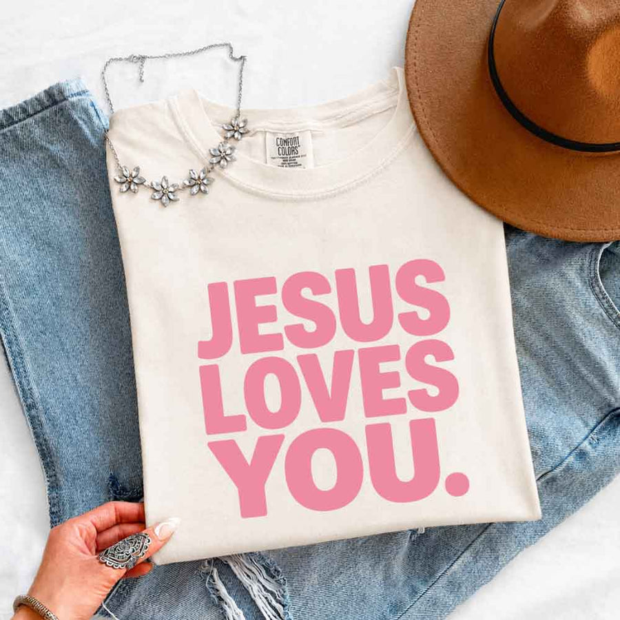 May include Jesus Loves You Comfort Colors short sleeve religious message shirt with relaxed fit graphic design