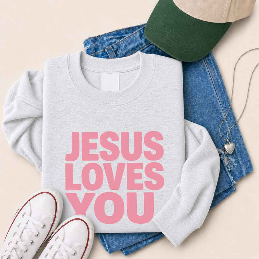 May include Jesus Loves You sweatshirt with relaxed fit religious message graphic design and cozy fabric