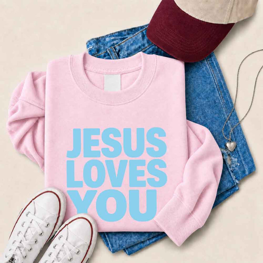 May include Jesus Loves You sweatshirt with relaxed fit religious message graphic design and cozy fabric