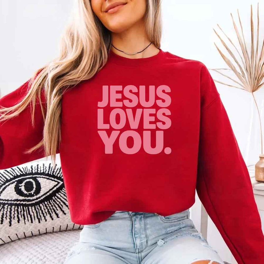 May include Jesus Loves You sweatshirt with relaxed fit religious message graphic design and cozy fabric