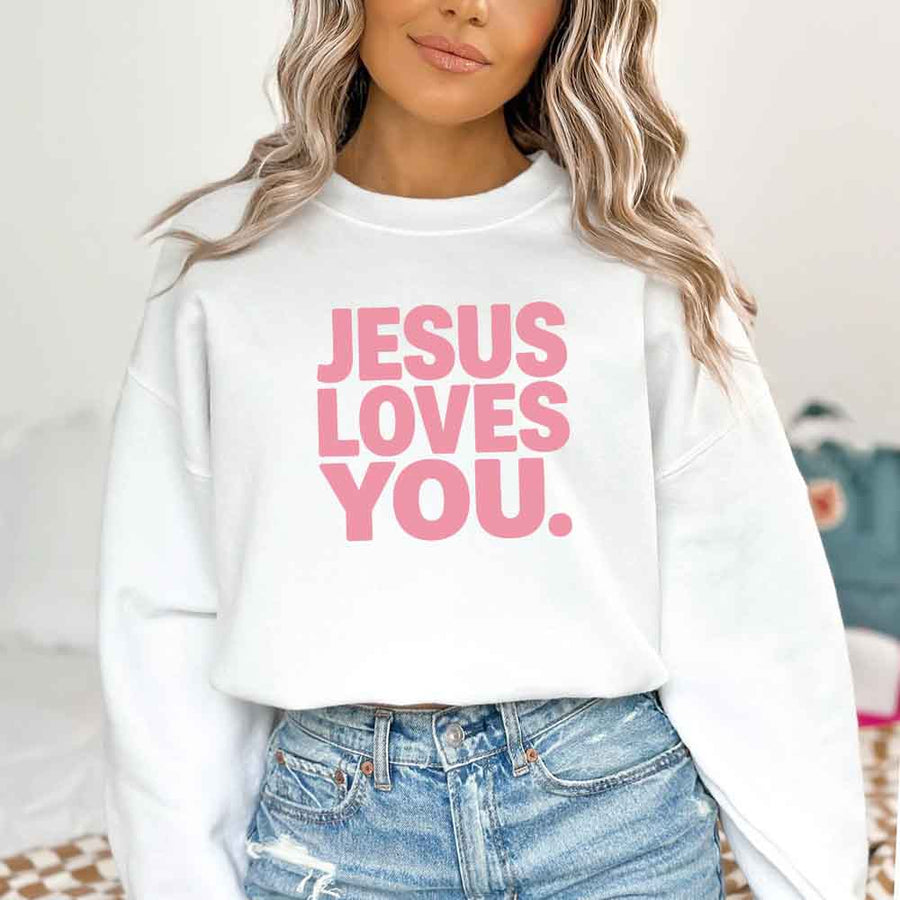 May include Jesus Loves You sweatshirt with relaxed fit religious message graphic design and cozy fabric
