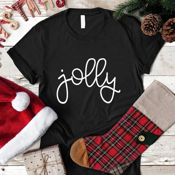 May include a unisex t-shirt featuring a festive “Jolly” Christmas graphic, designed in soft cotton for cheerful holiday wear.